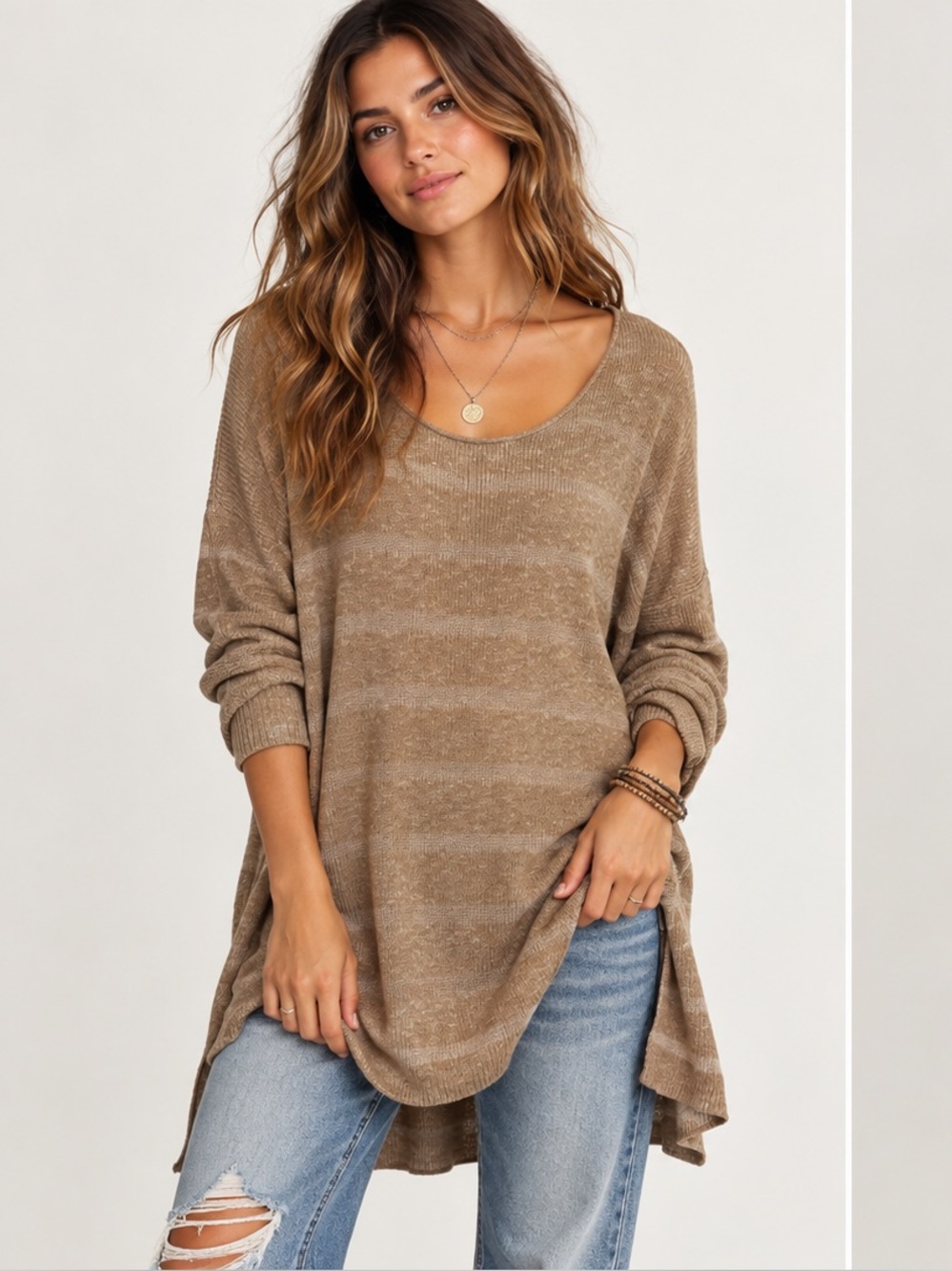Free People Striped Scoop Neck Tunic Minimalist Bohemian Knit Sweater XS